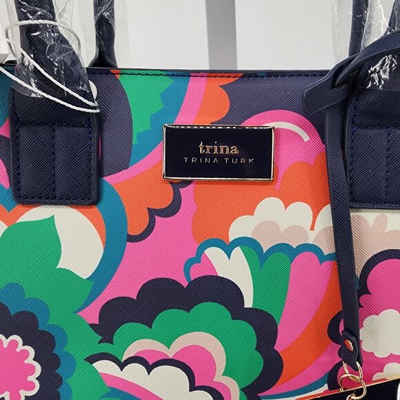 Trina Turk Floral Print Tote Bag 14x11 Floral Navy Pink Green Designer Purse - Picture 3 of 11